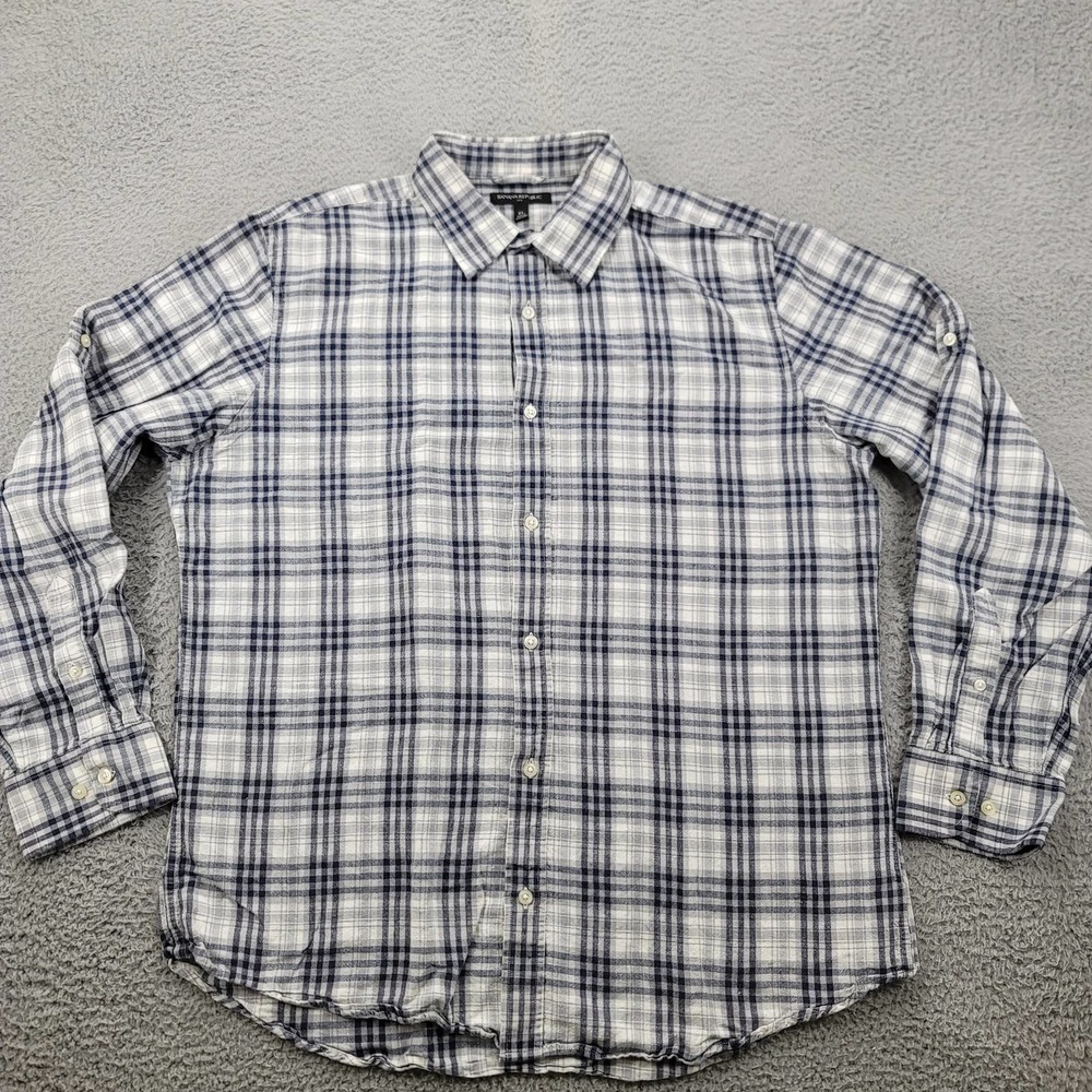 Banana Republic Shirt Mens XL White Blue Plaid Linen Button Up Long Sleeve‎